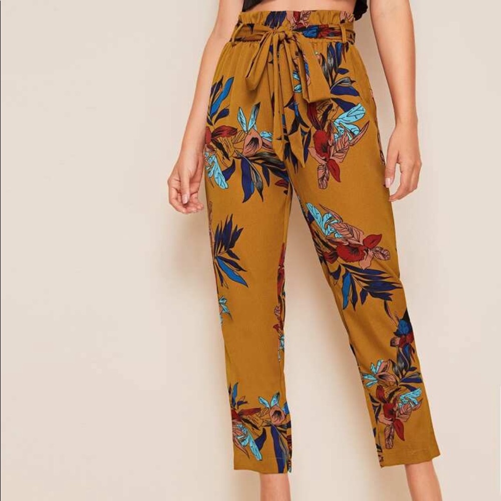 Plant Print Paperbag Waist Belted Pants